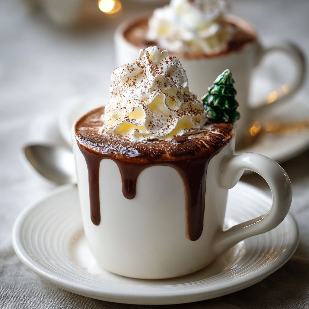 A cup of cocoa with whipped cream and a candy cane on top.