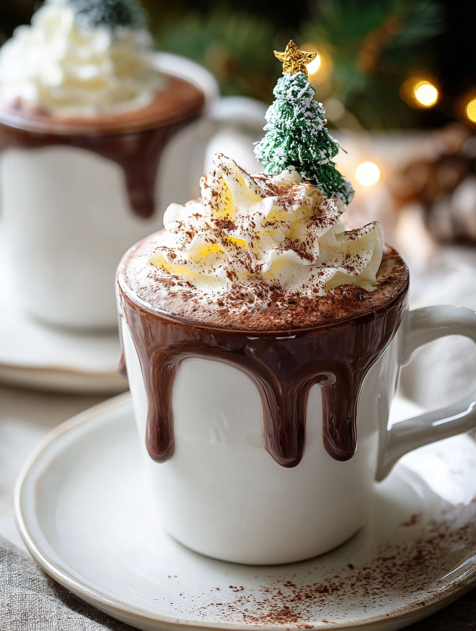 A cup of chocolate cocoa with whipped cream and a sprig of mint.
