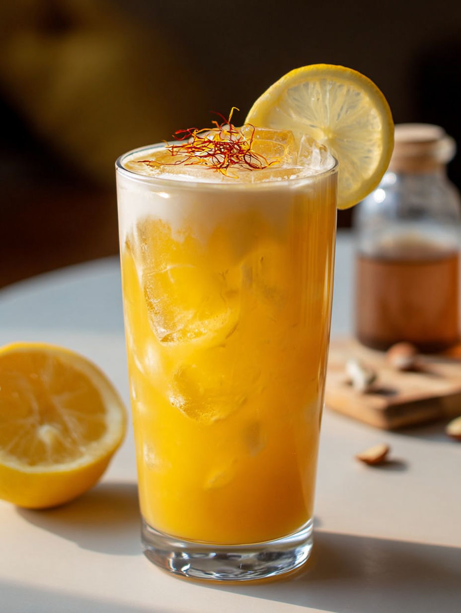 A glass of Saffron Almond Twister Mocktail with a lemon wedge on the side.