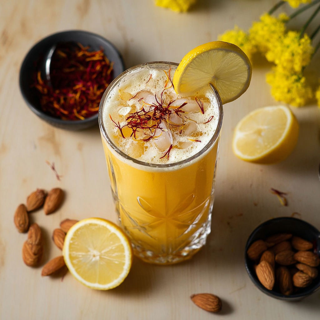 A glass of Saffron Almond Twister Mocktail with a lemon wedge on top.