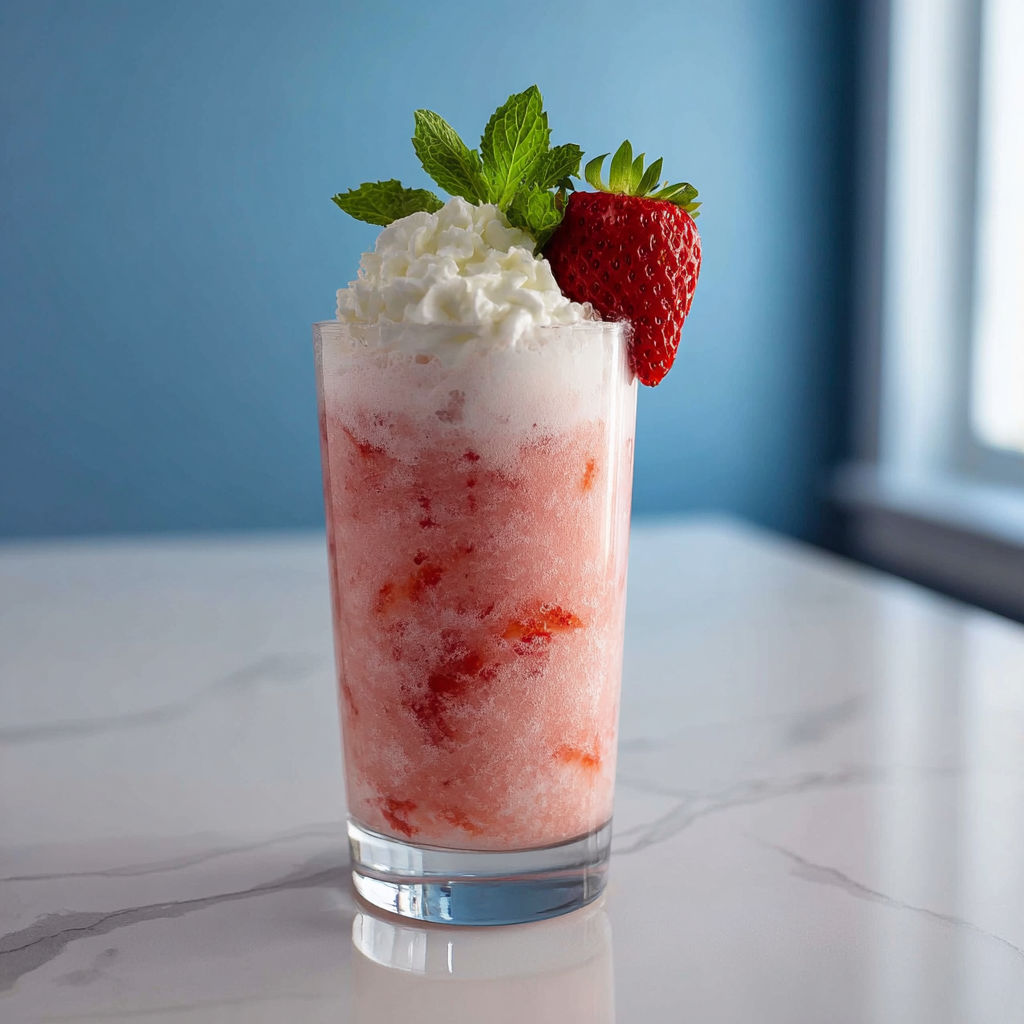 A glass of strawberries and cream cocktail.