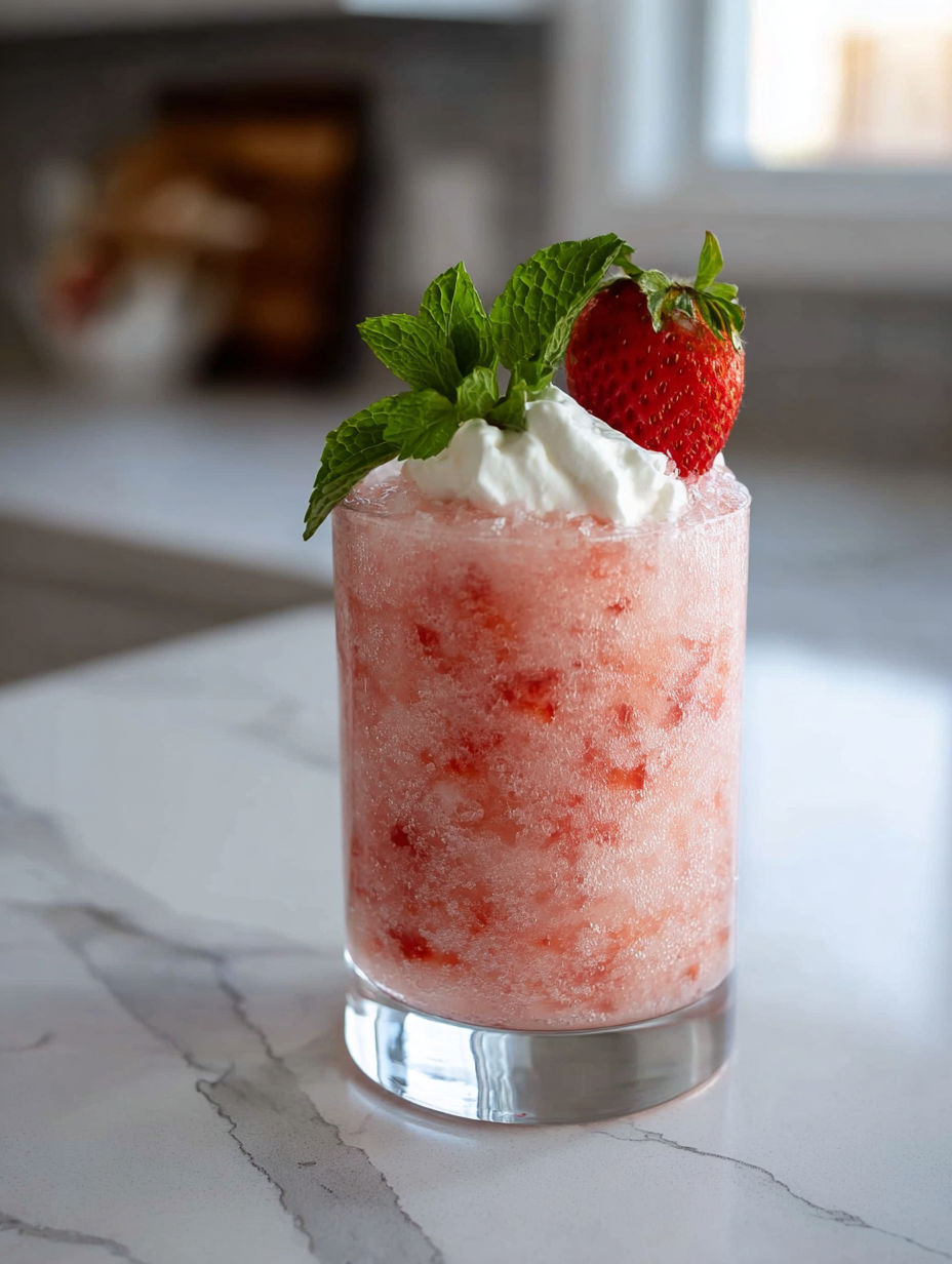 A glass of strawberries and cream cocktail.