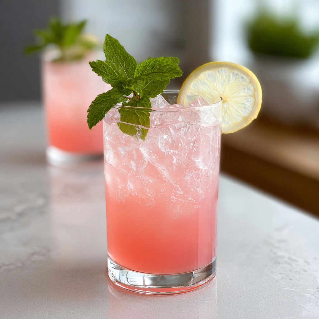 Two glasses of pink lemonade on a table.