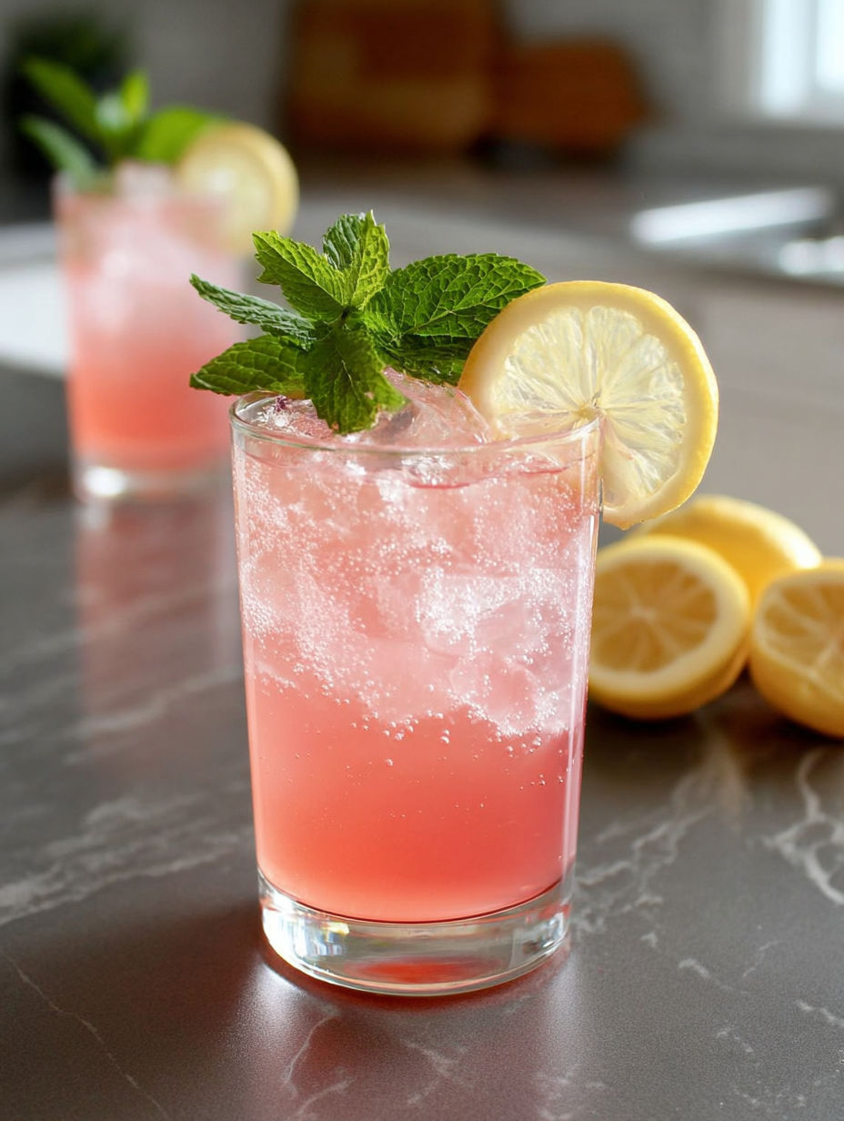 A glass of pink lemonade with a lemon wedge on the side.