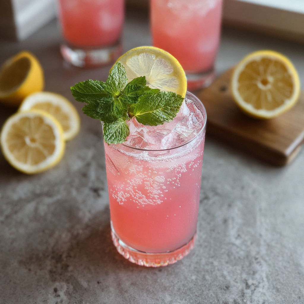 A glass of pink lemonade with a lemon wedge on top.