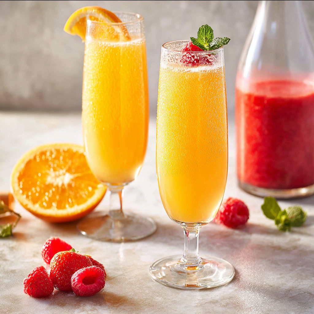 Two glasses of Strawberry Mimosa with Modern Fruit Puree.