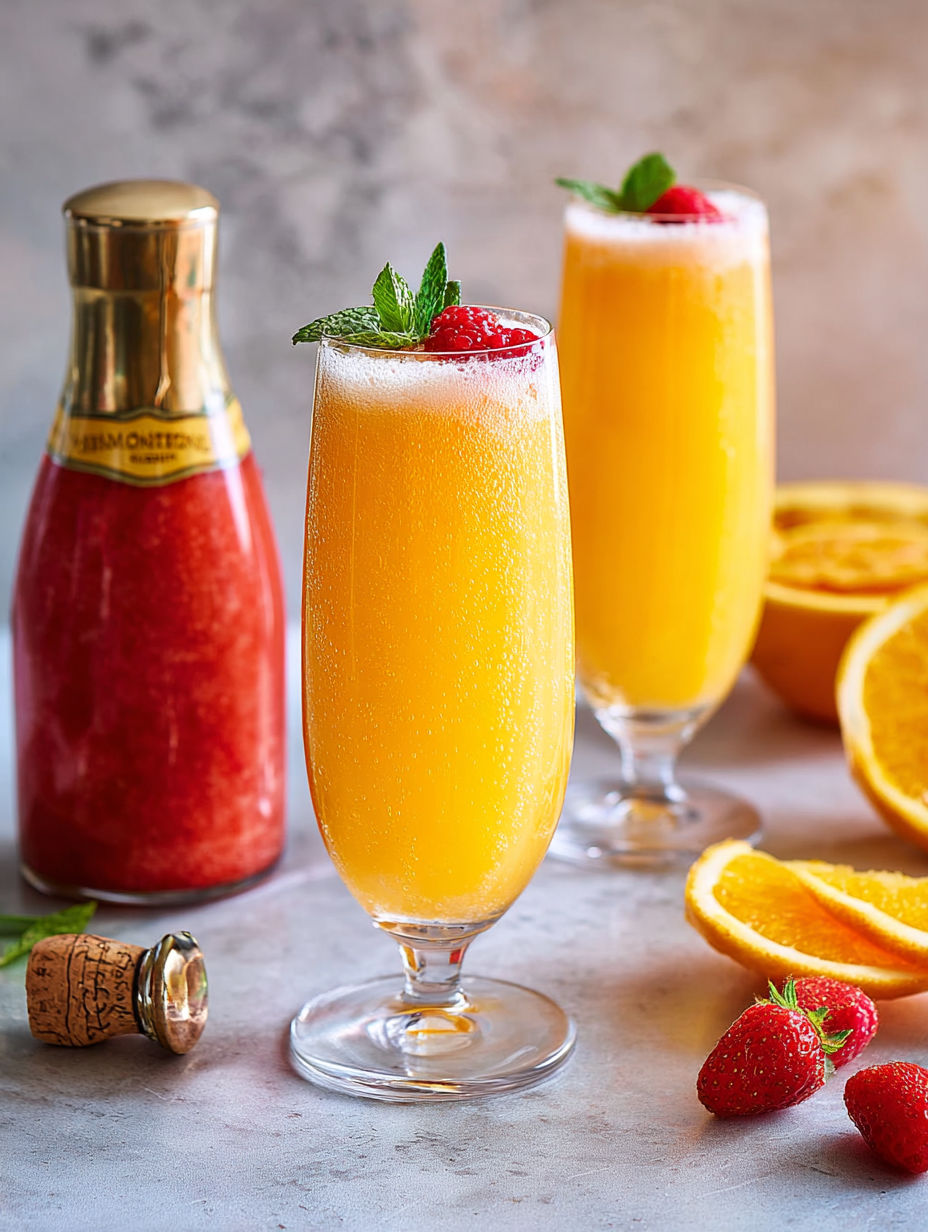 A bottle of strawberry mimosa with a glass of the drink.