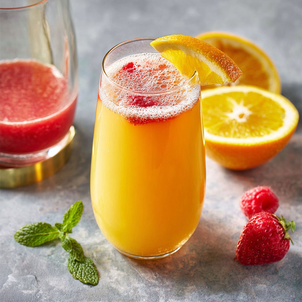 A glass of Strawberry Mimosa with a slice of orange on the side.