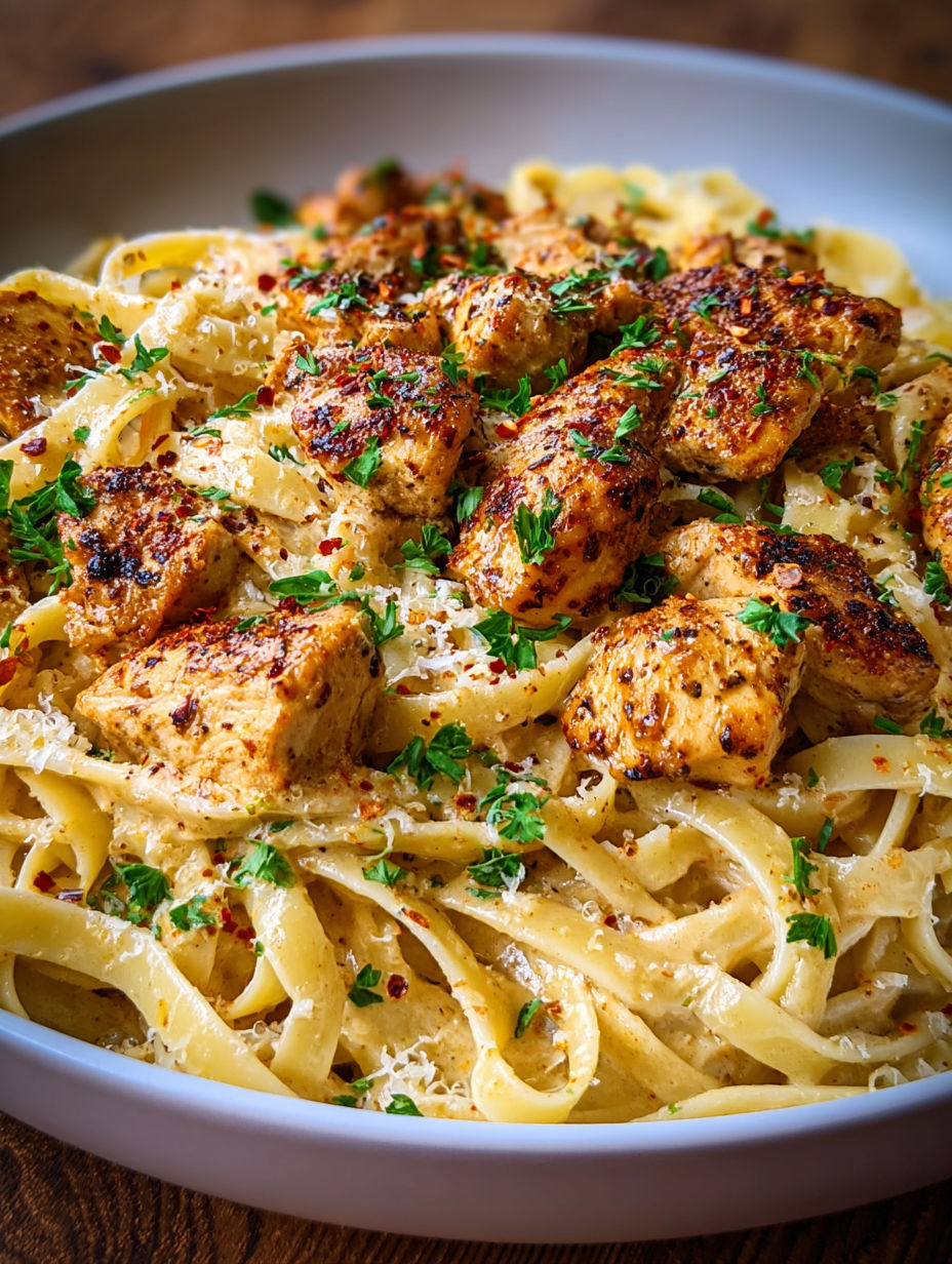 A bowl of pasta with chicken and peppers.