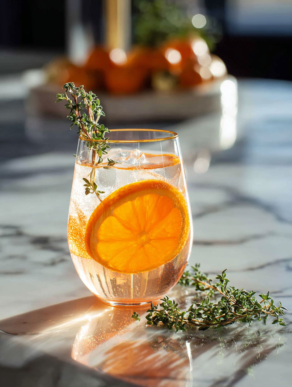 A glass of Tangerine Thyme Spritz with a slice of orange.