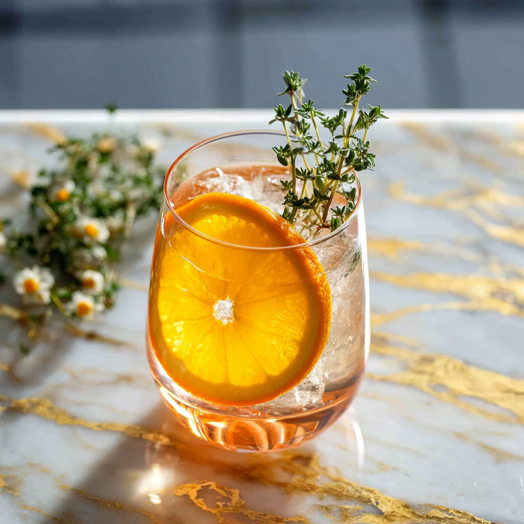 A glass of Tangerine Thyme Spritz.