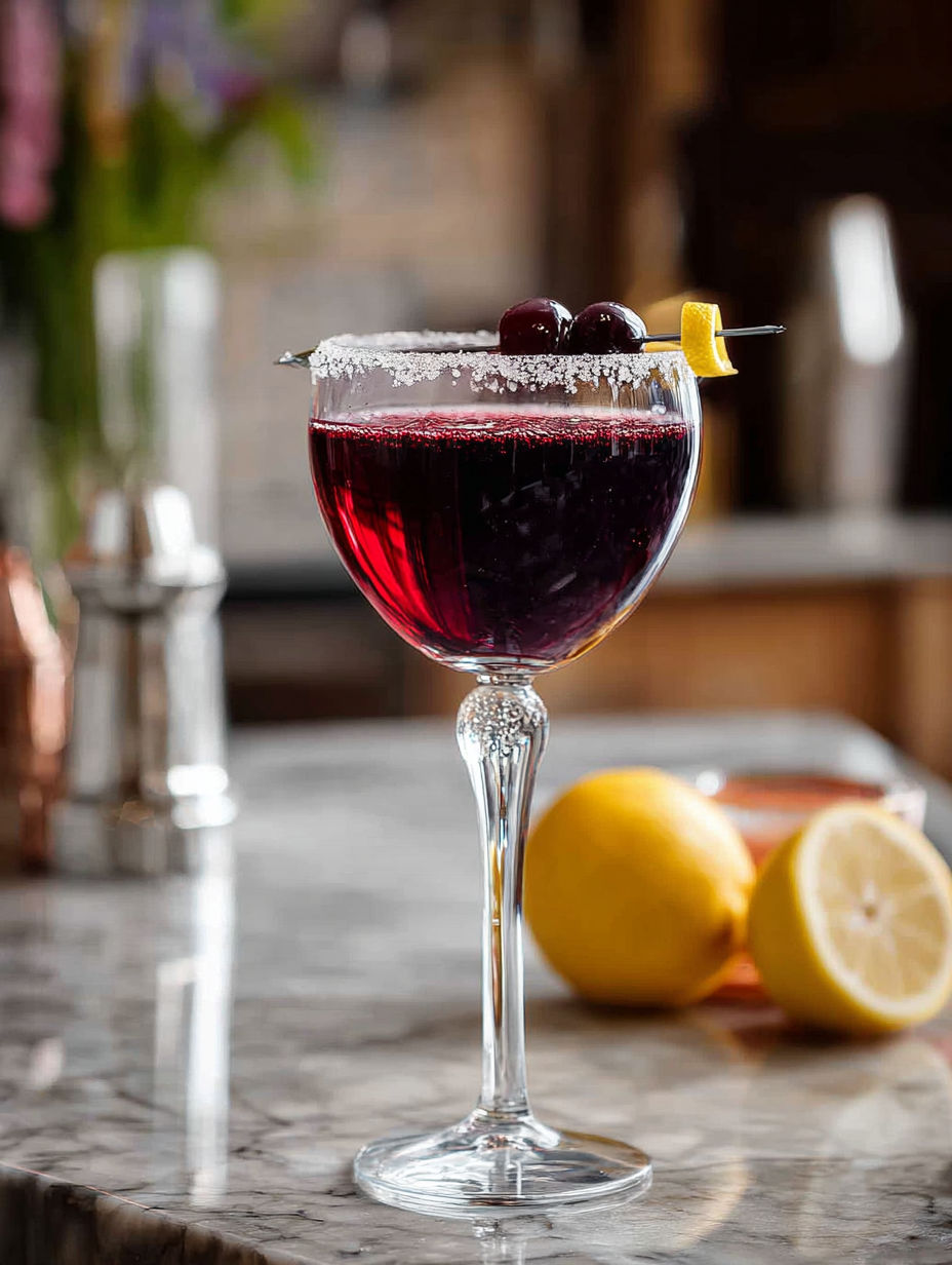 A glass of Midnight Kiss Cocktail with a lemon wedge.