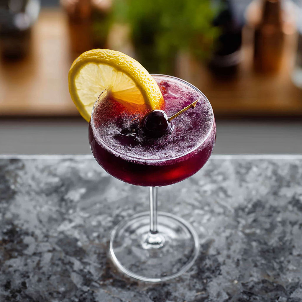 A glass of a Midnight Kiss Cocktail with a lemon wedge on top.