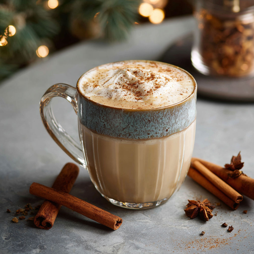 A glass of Chai Eggnog Mocktail with cinnamon sticks on the side.