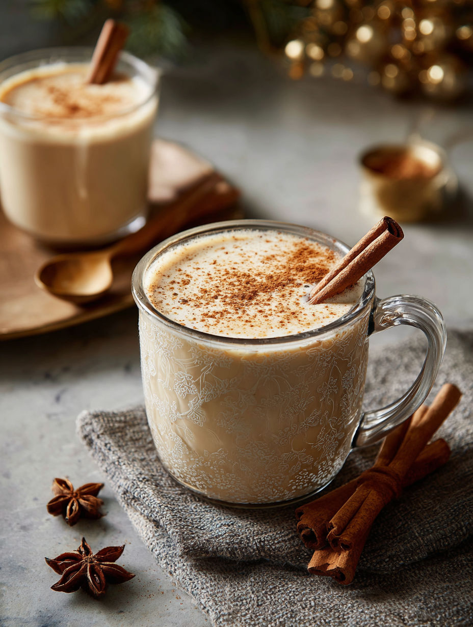 A glass of chai eggnog mocktail with cinnamon sticks.