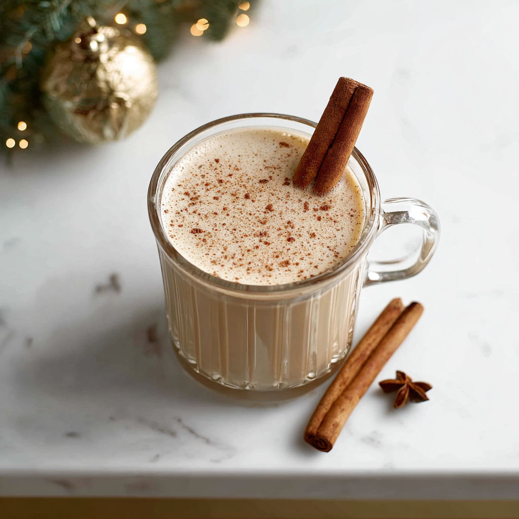 A glass of chai eggnog mocktail with cinnamon sticks.