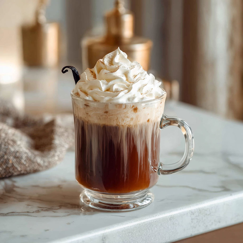 A glass of vanilla bean Irish coffee cocktail.