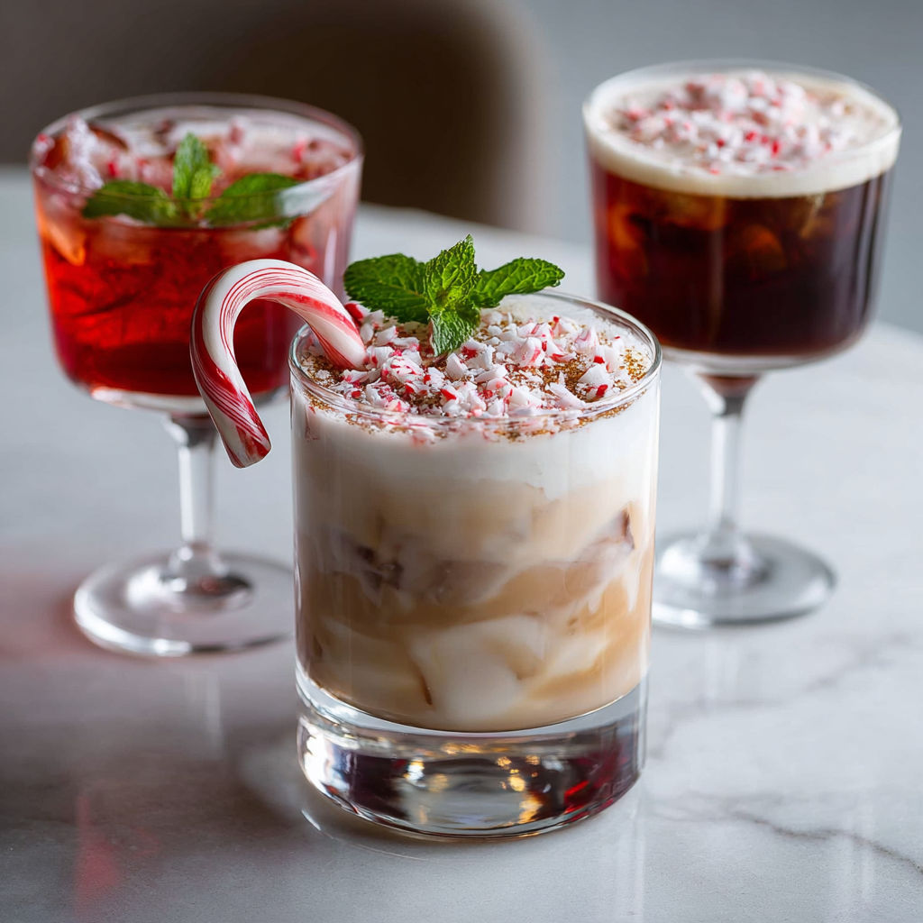 Three glasses of Baileys Peppermint White Russian Cocktail.