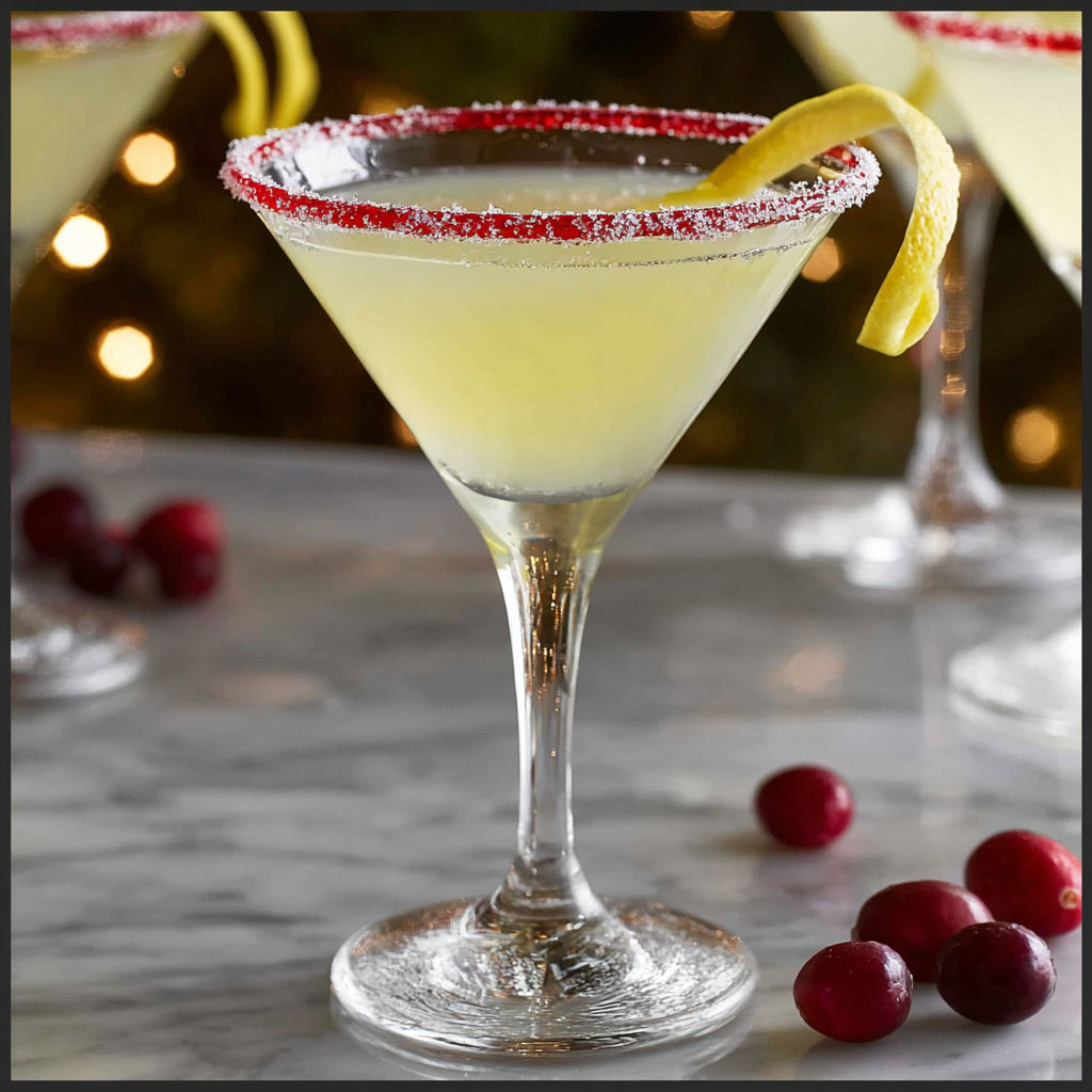 A glass of lemon drop cocktail with a lemon wedge on the side.