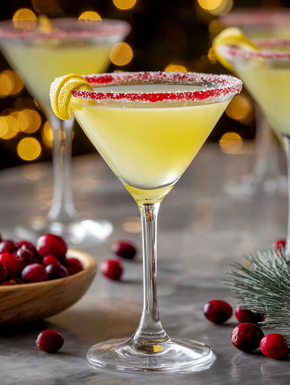 A glass of lemon drop cocktail with a lemon wedge on top.