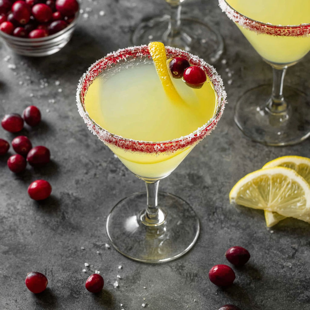A glass of lemon drop cocktail with a lemon wedge on the side.