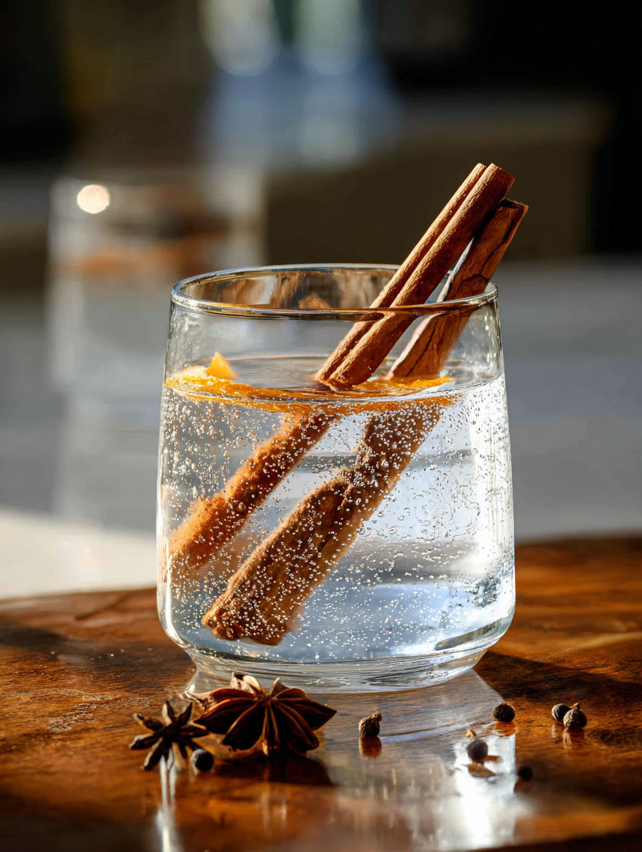 A cinnamon stick and clove garnish a gin and tonic cocktail.