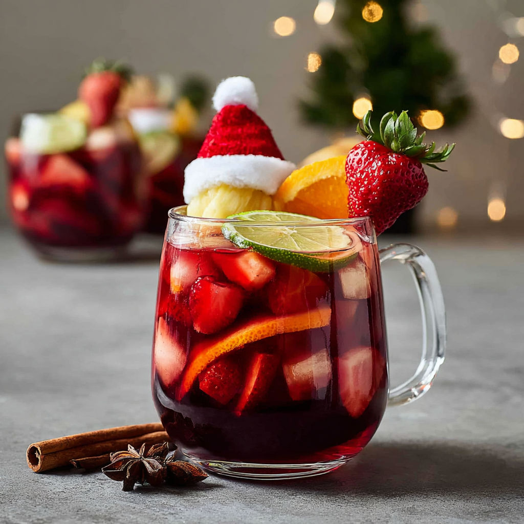 A glass of sangria with a Santa hat on top.