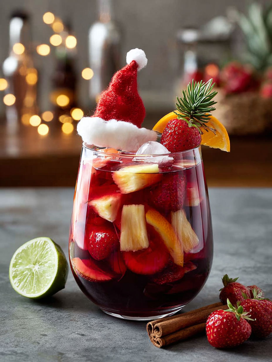 A Santa hat is on a glass of fruit.