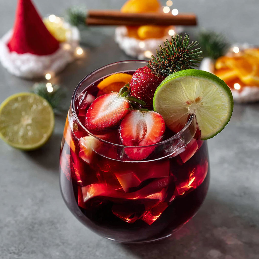 A glass of Santa Hat Sangria Cocktail with strawberries and limes.