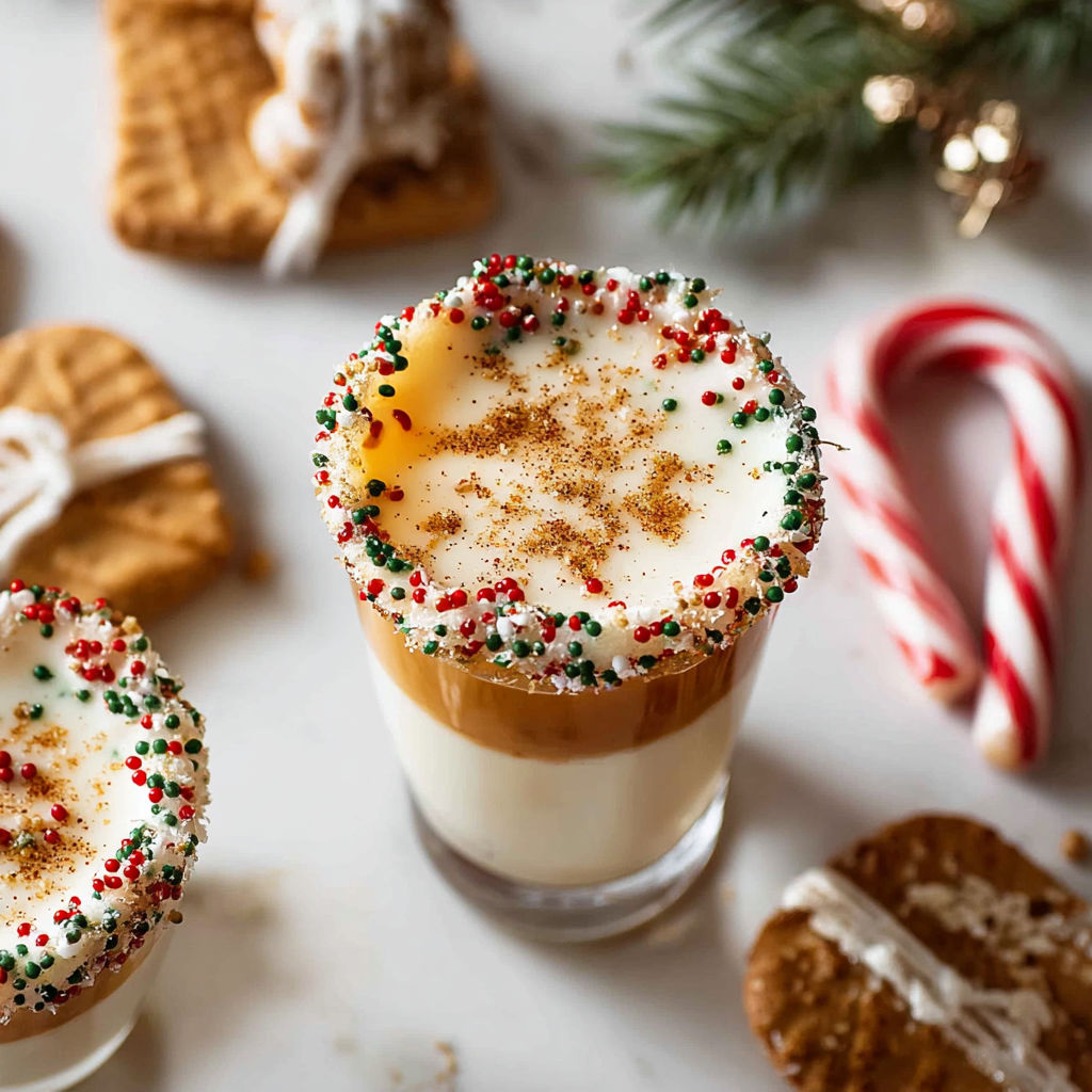 A glass of a Christmas cookie shot cocktail.