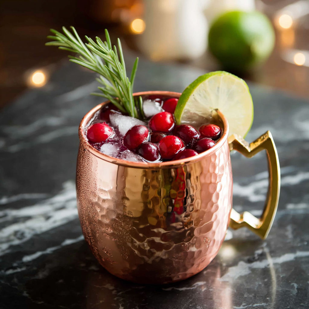 A copper mug filled with a Christmas mule cocktail.