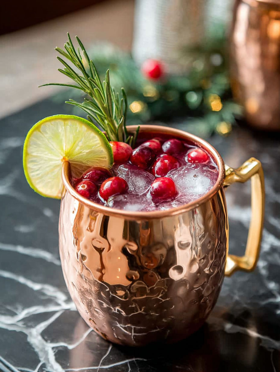 A copper mug filled with a Christmas mule cocktail.