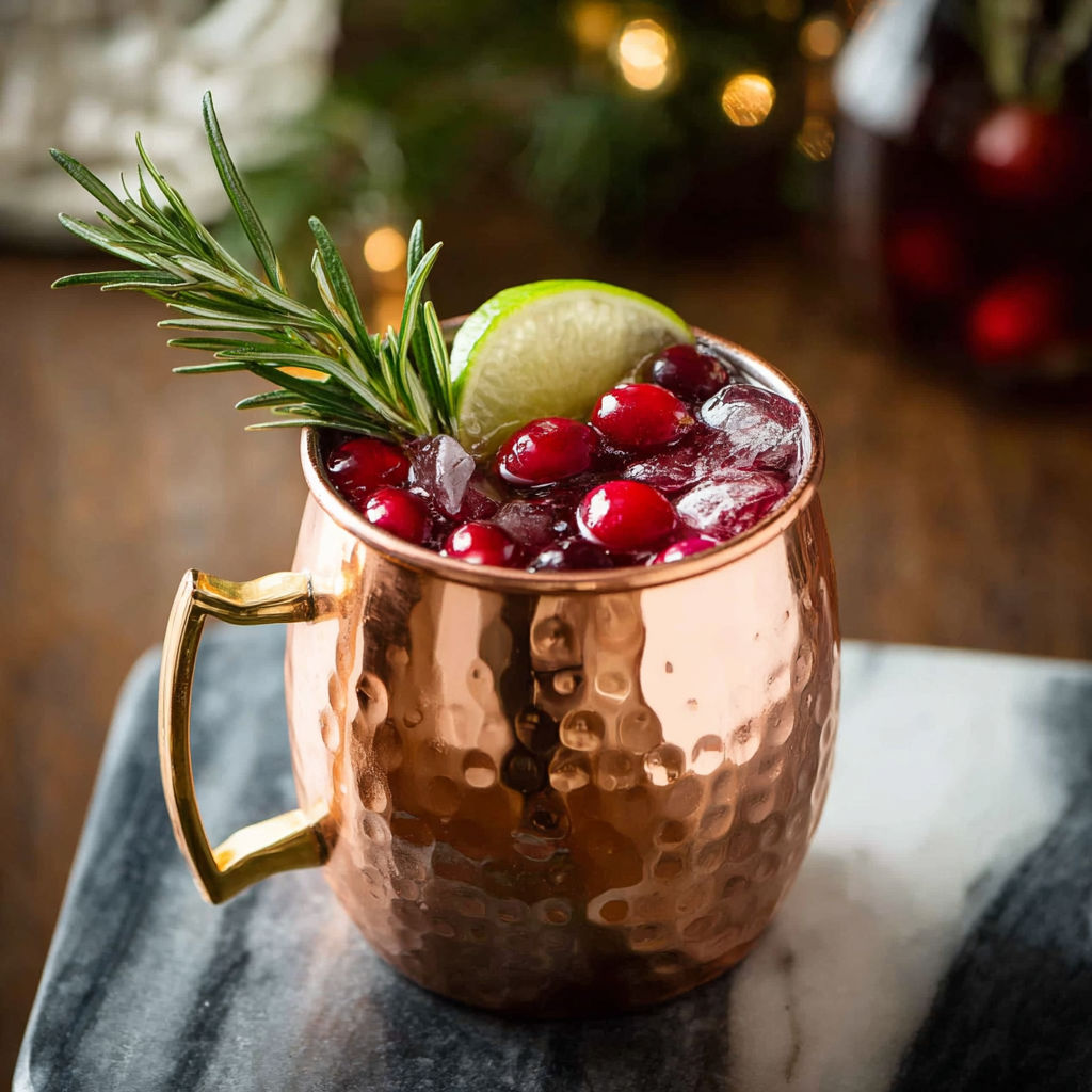 A copper mug filled with a Christmas mule cocktail.