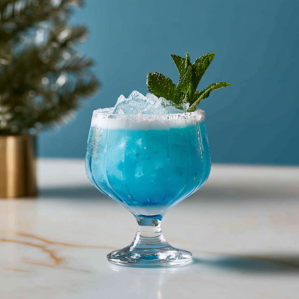 A blue frostbite cocktail with a mint garnish.