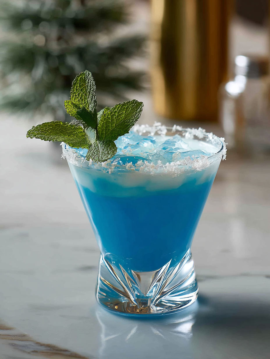 A blue cocktail with a mint garnish.