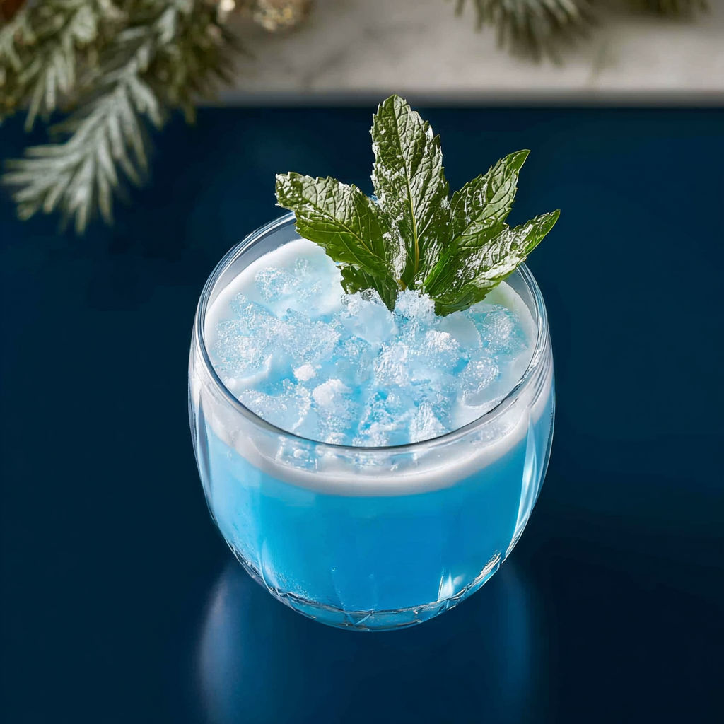 A glass of frostbite cocktail with a mint garnish.