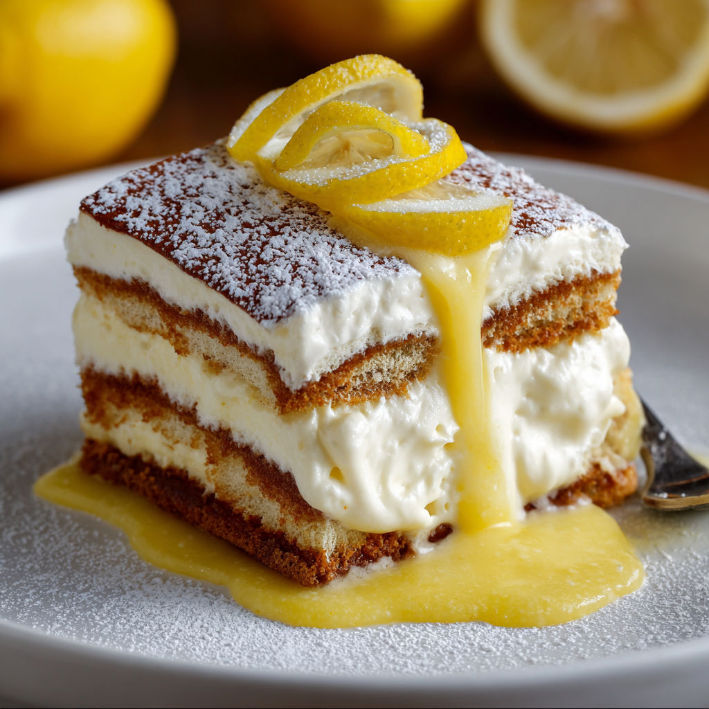 A slice of lemon tiramisu with lemon curd.