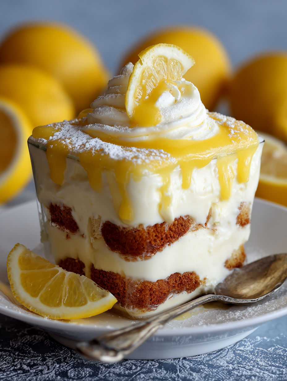 A slice of lemon tiramisu with lemon curd.