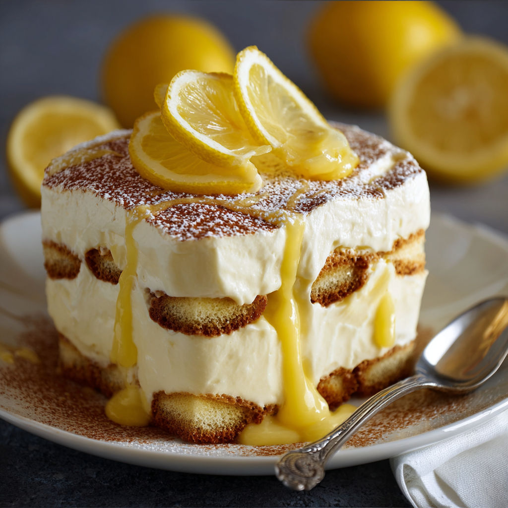 A slice of lemon tiramisu with lemon curd.