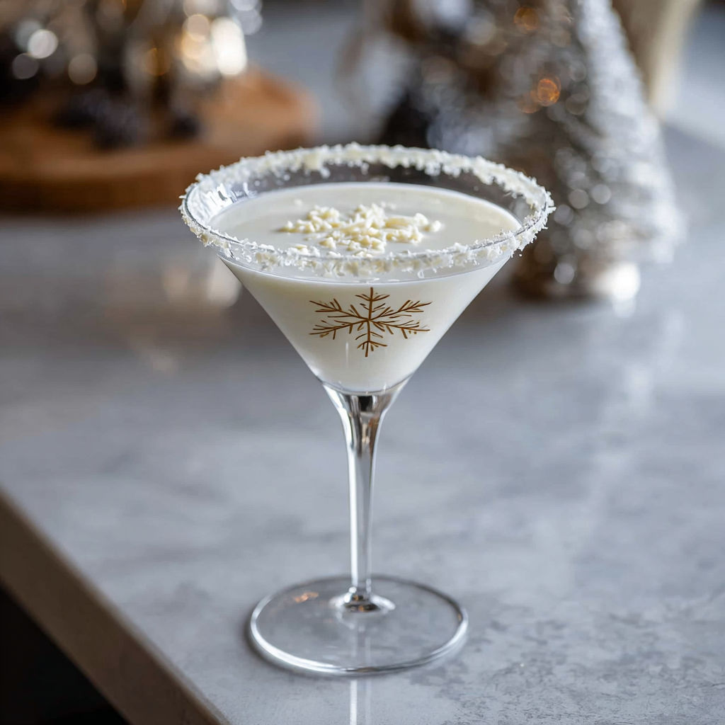 A snowflake martini cocktail is served in a glass.