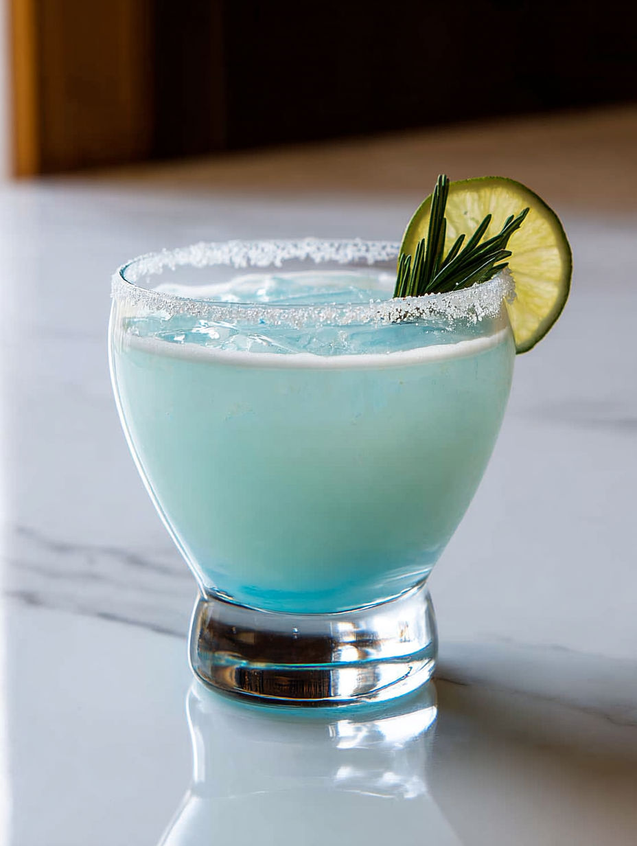 A glass of frostbite margarita cocktail with a lime wedge.