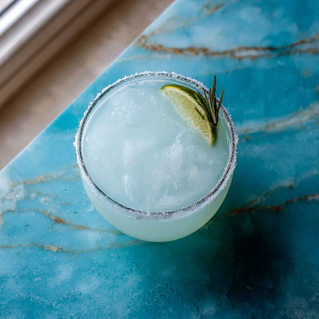 A frostbite margarita cocktail on a blue table.