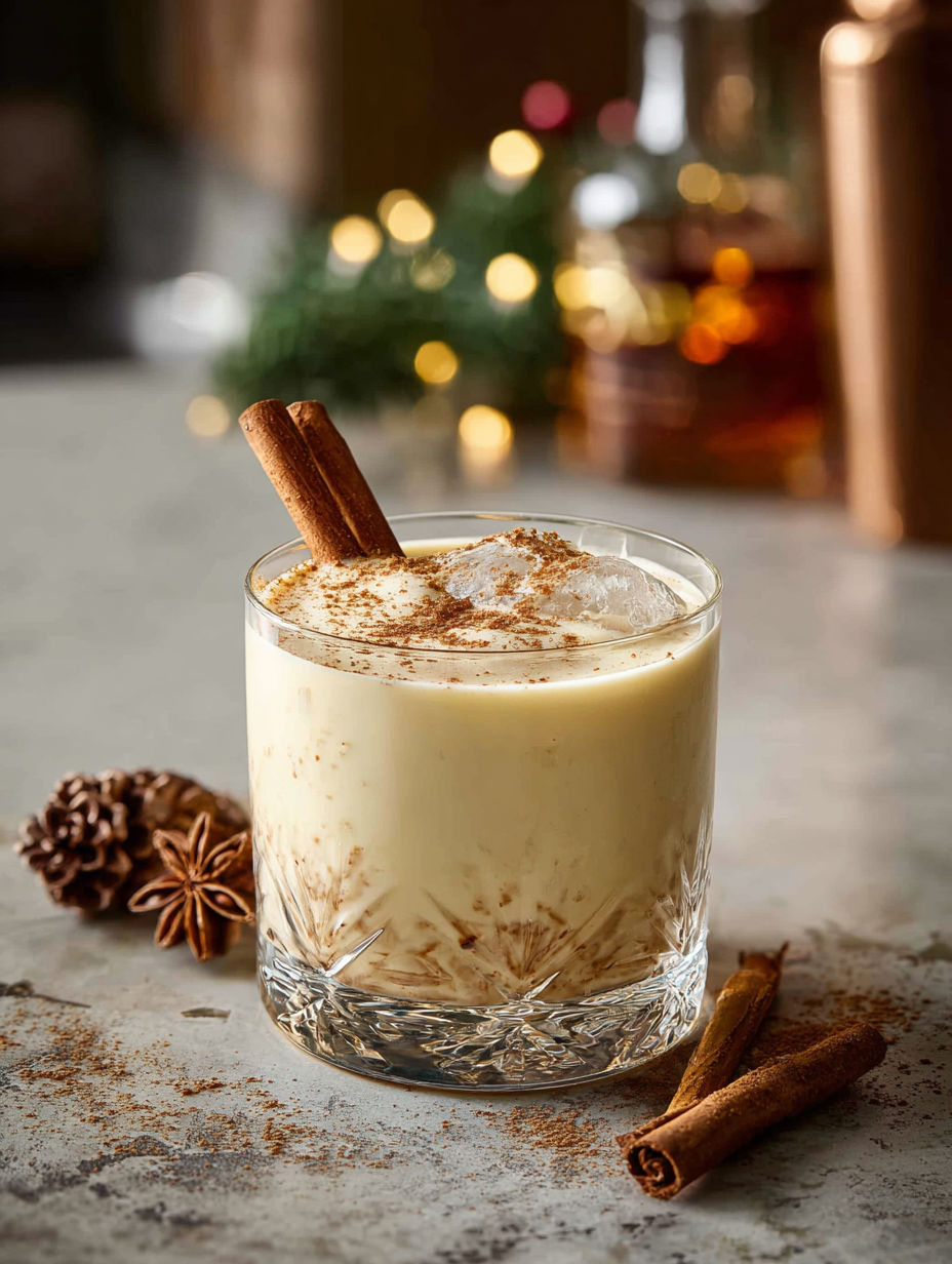 A glass of Tito's Eggnog Cocktail with cinnamon on top.