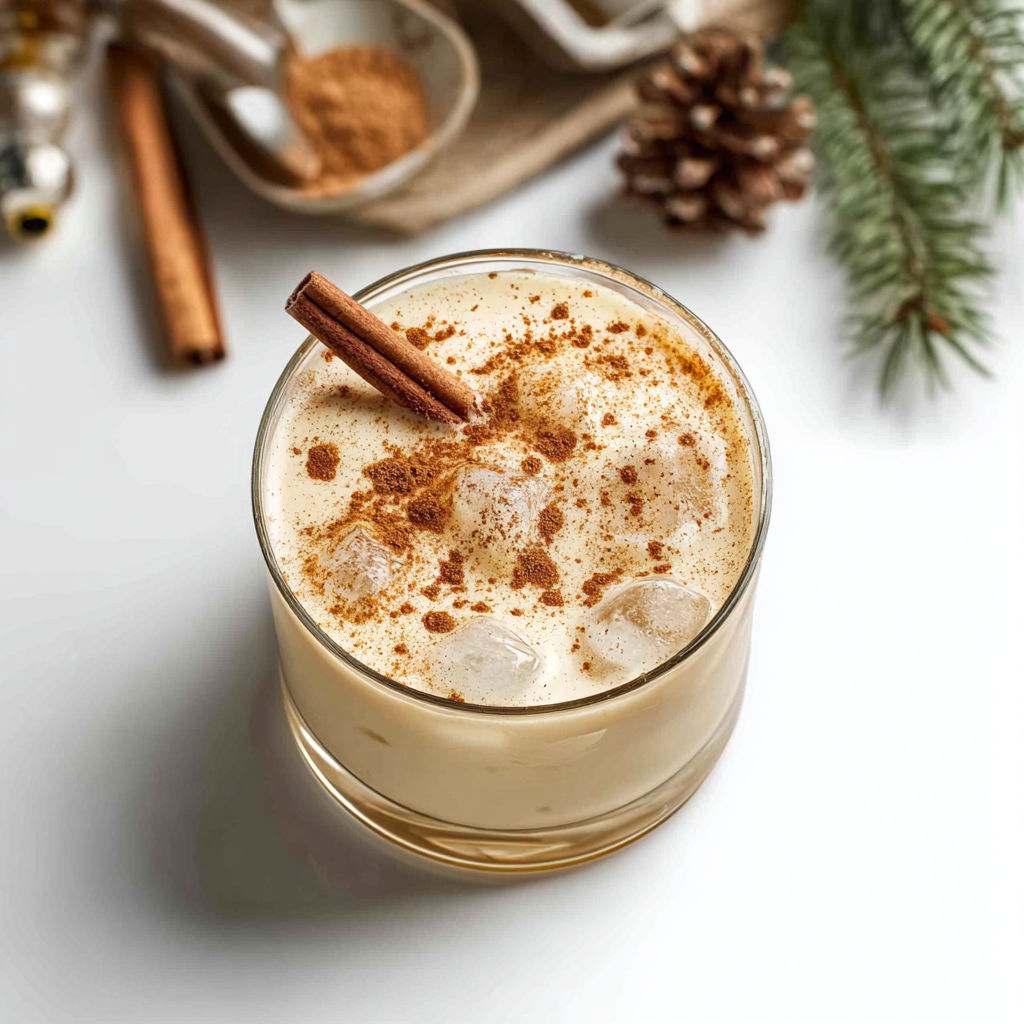 A glass of Tito's Eggnog Cocktail with cinnamon on top.