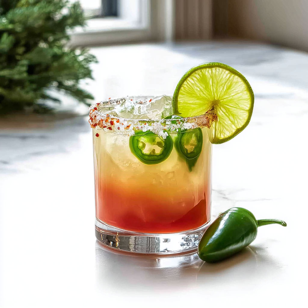 A ghost pepper margarita cocktail with a slice of lime and a jalapeno pepper.