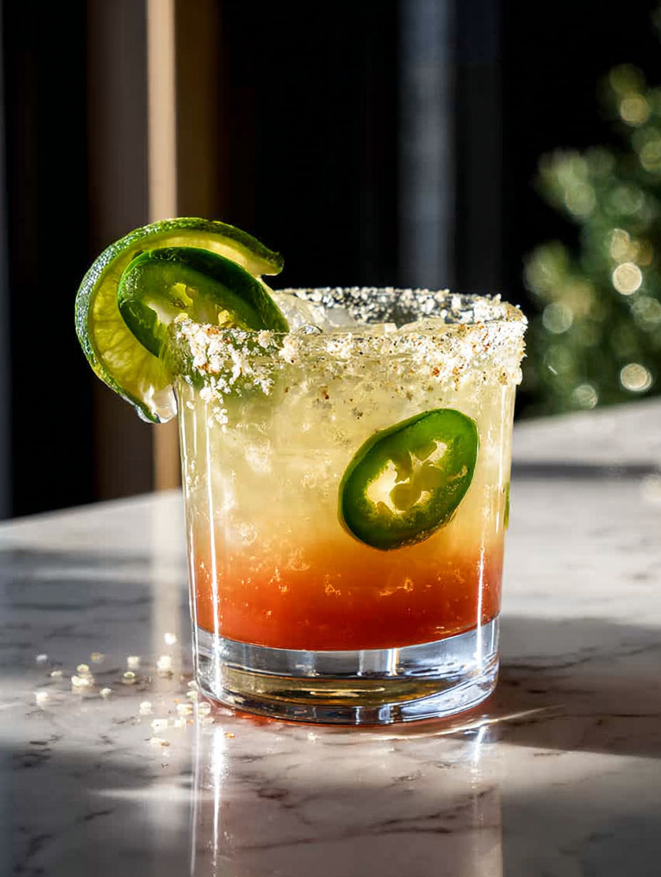 A glass of a ghost pepper margarita cocktail.