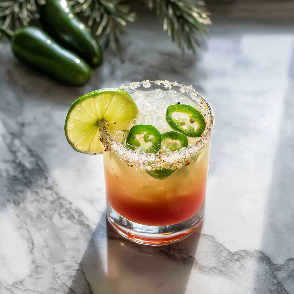 A glass of a ghost pepper margarita cocktail.