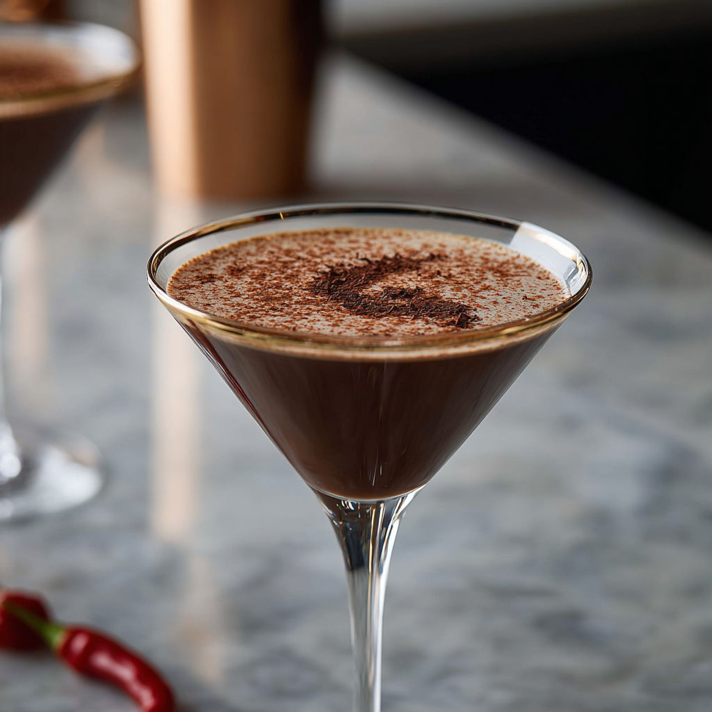A glass of chocolate martini cocktail with cayenne pepper.