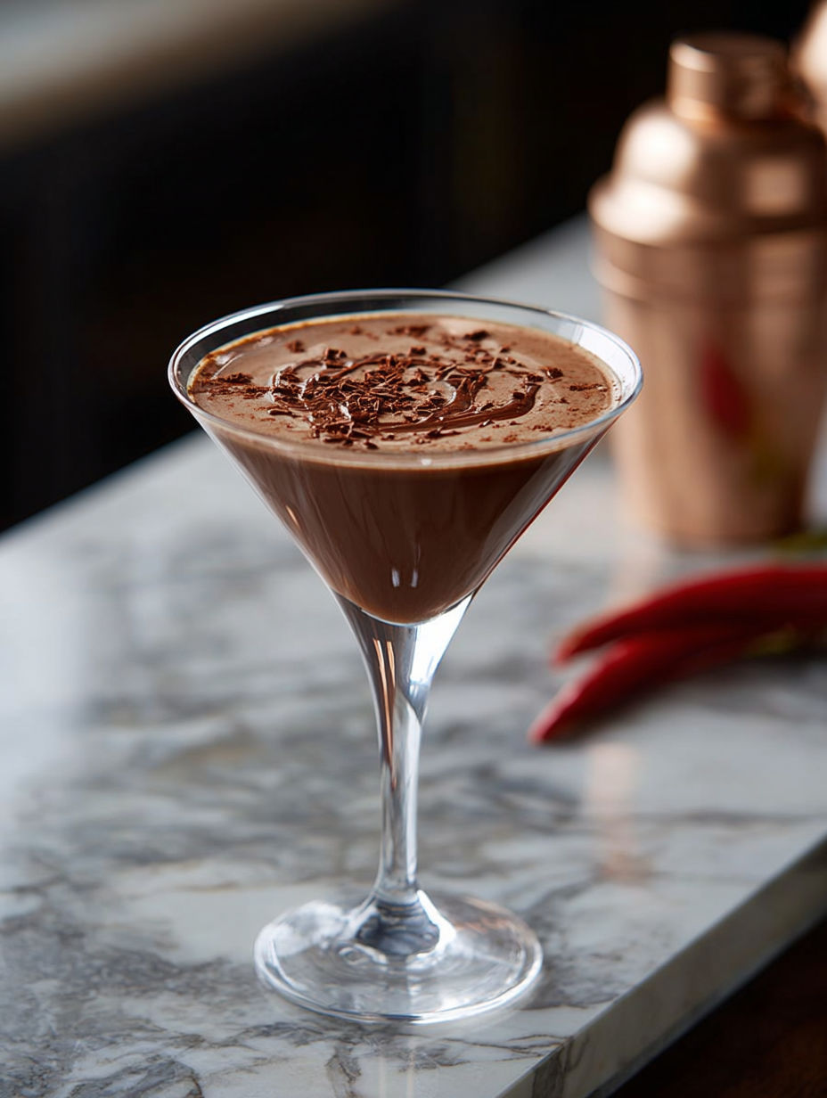 A glass of chocolate martini cocktail with chocolate chips on top.