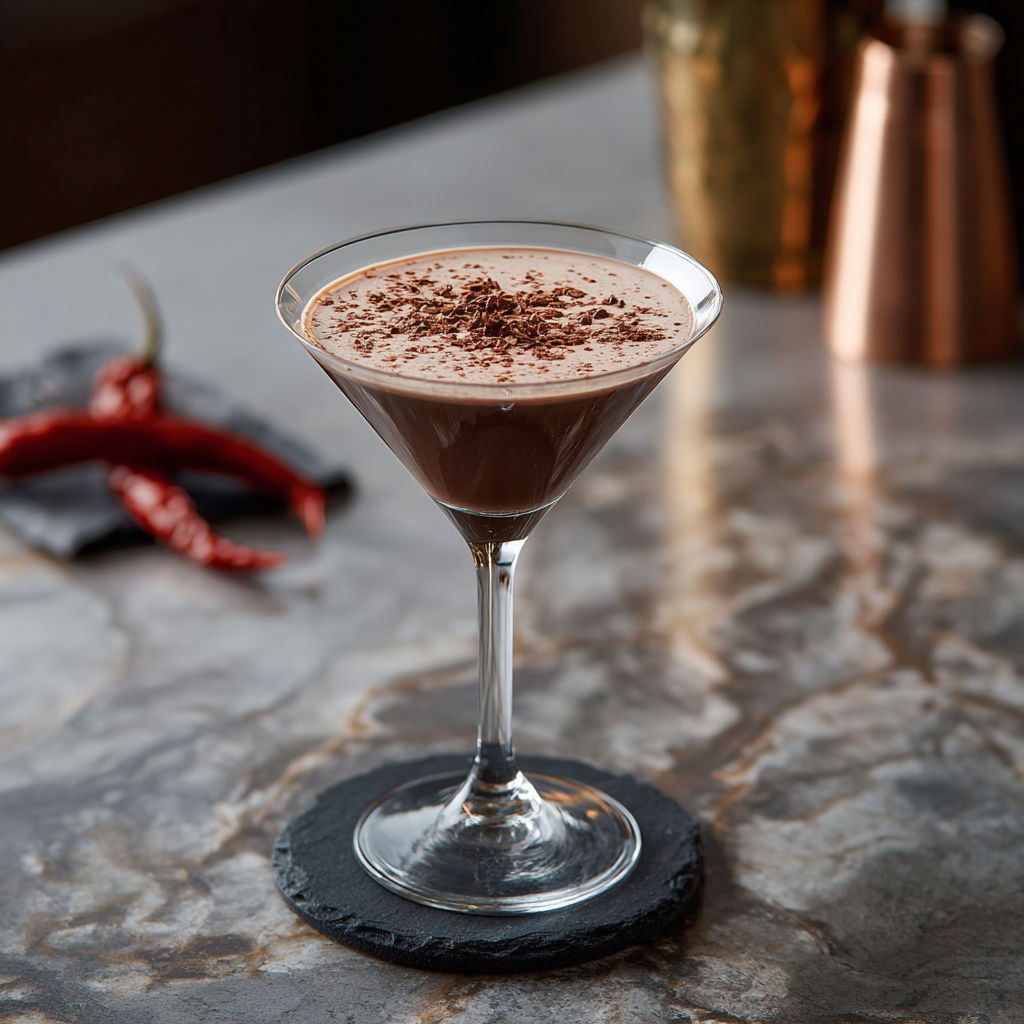 A martini glass filled with a chocolate drink.